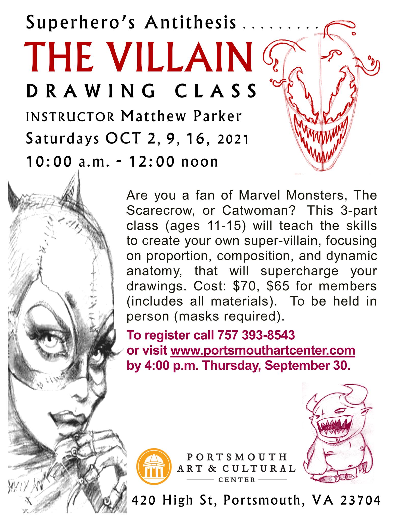 Villains Drawing Class for teens at Portsmouth Art & Cultural